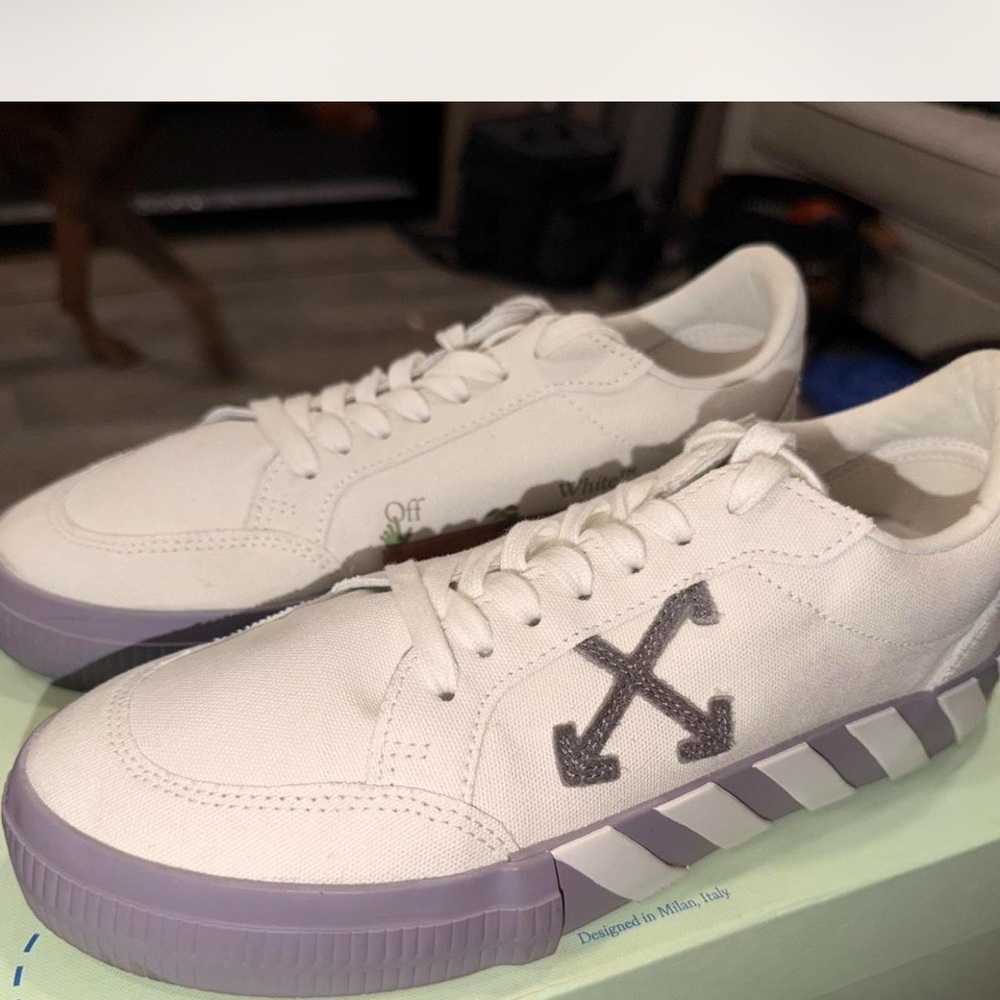 Off-White Cream and Purple Arrow Sneakers